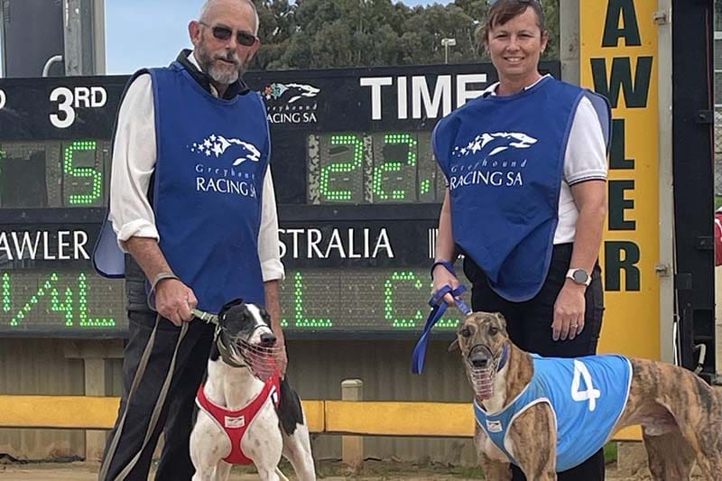 Charlie Brother (blue) with brother Slim Sherman (red) after racing at Gawler on Wednesday.